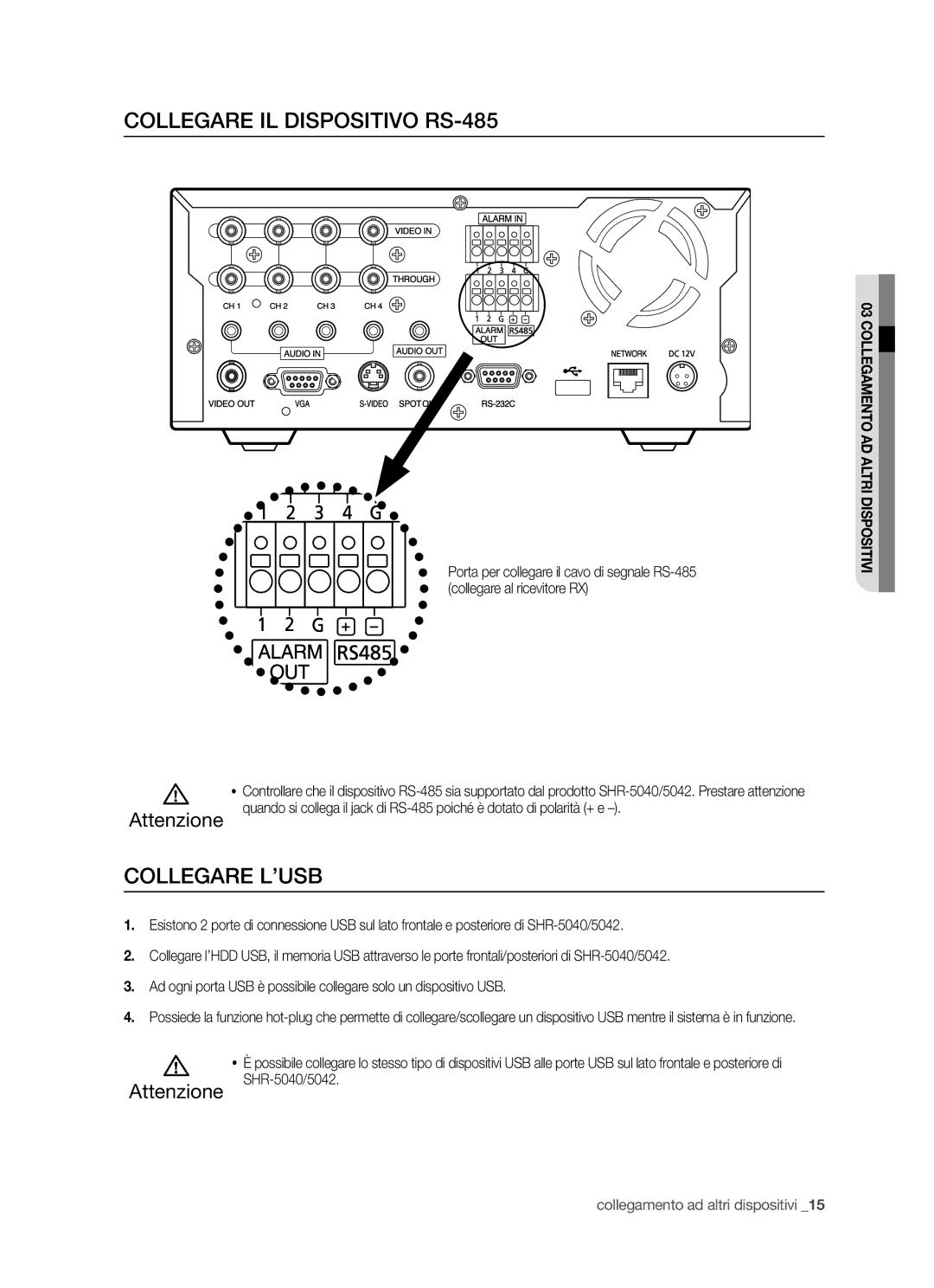 Samsung SHR-5042P/XET, SHR-5040P/XET manual Collegare IL Dispositivo RS-485, Collegare L’USB 