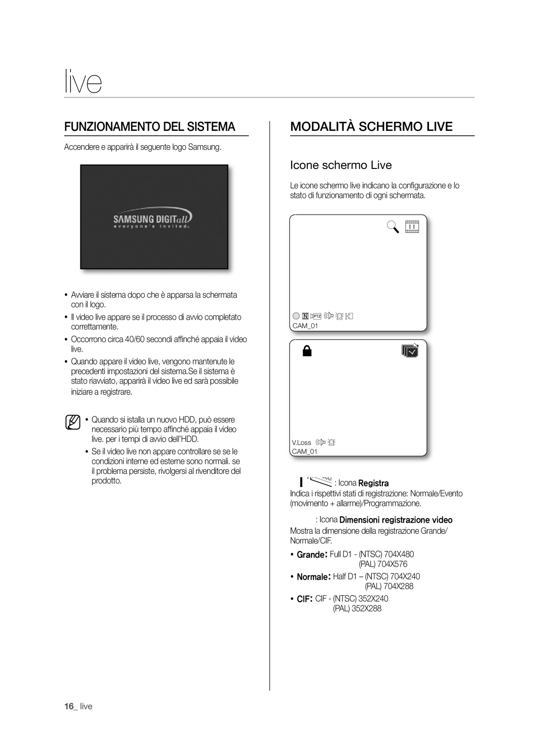 Samsung SHR-5040P/XET, SHR-5042P/XET manual Funzionamento DEL Sistema, Modalità Schermo Live, Icone schermo Live 