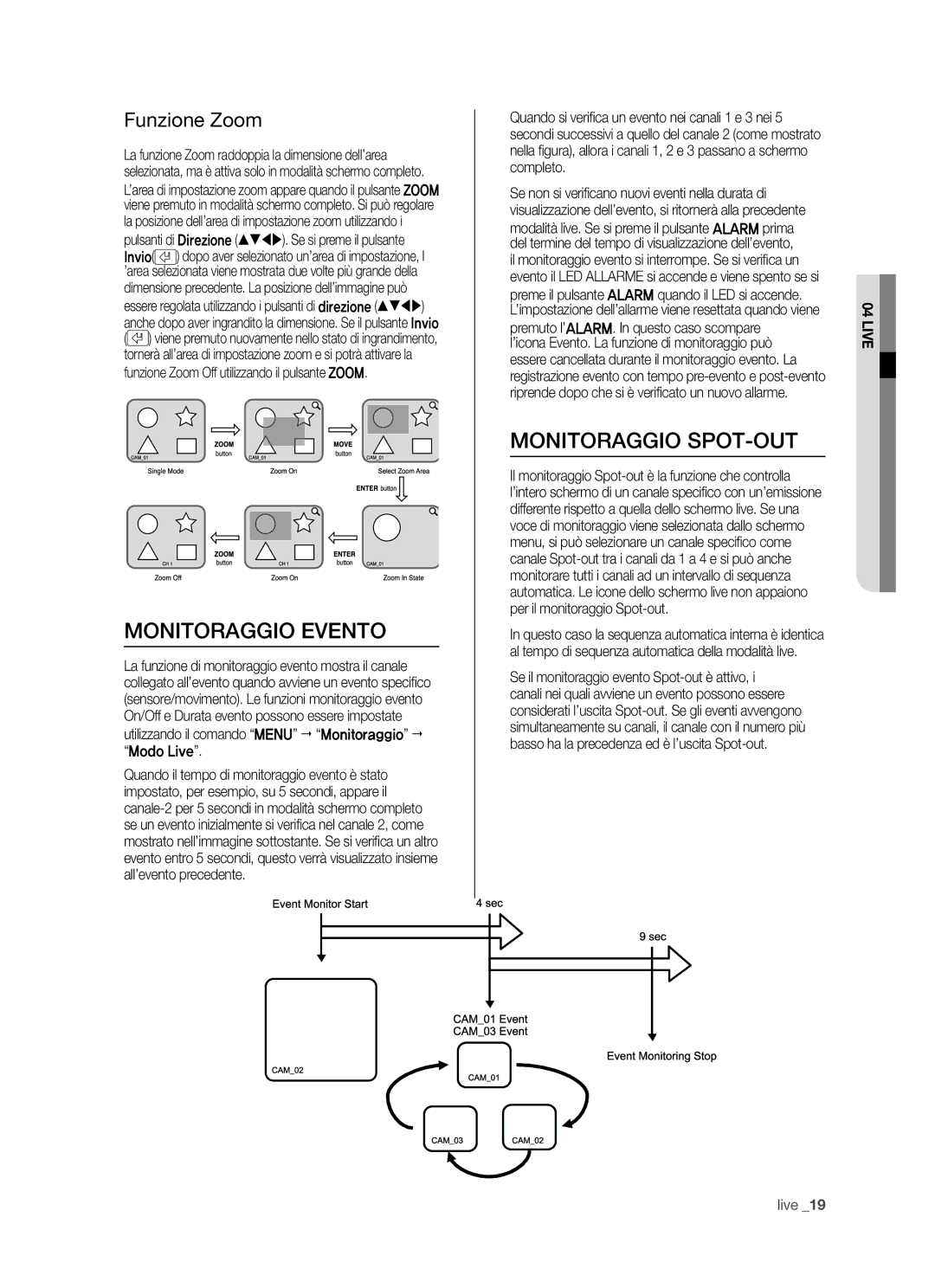 Samsung SHR-5042P/XET, SHR-5040P/XET manual Monitoraggio Evento, Monitoraggio SPOT-OUT, Funzione Zoom 