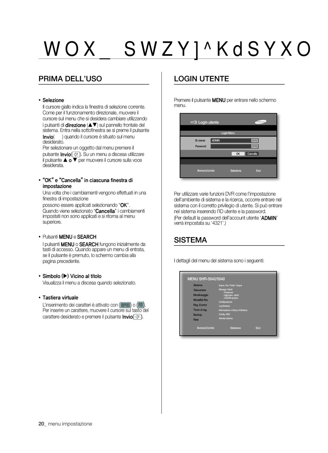 Samsung SHR-5040P/XET, SHR-5042P/XET manual Menu impostazione, Prima DELL’USO, Login Utente, Sistema 