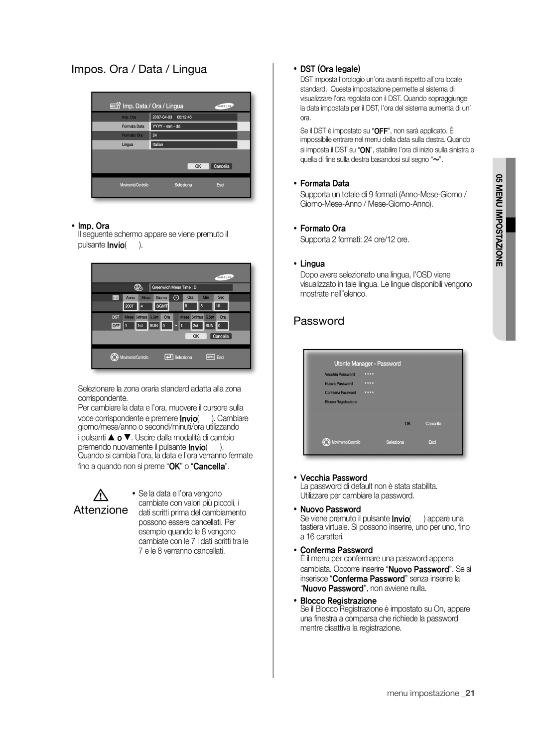 Samsung SHR-5042P/XET, SHR-5040P/XET manual Impos. Ora / Data / Lingua, Attenzione, Password 