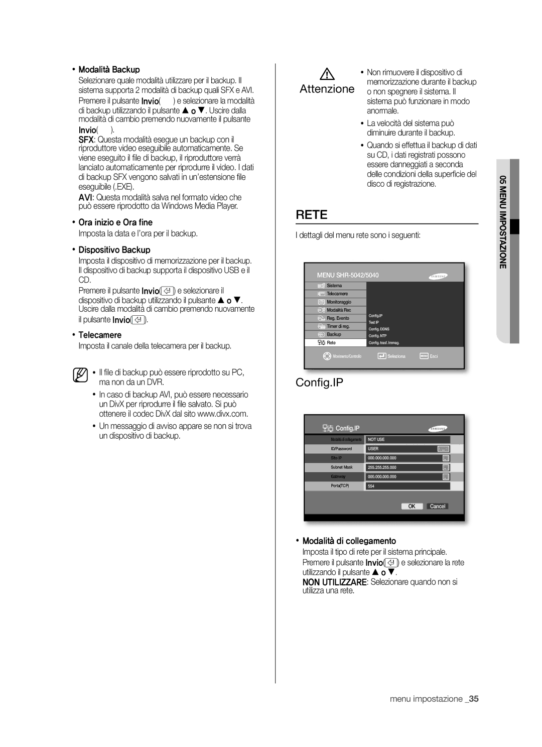 Samsung SHR-5042P/XET, SHR-5040P/XET manual Rete, Conﬁ g.IP 