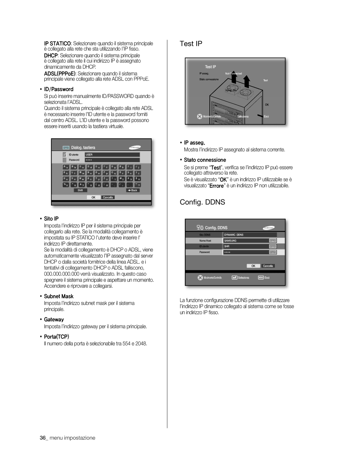 Samsung SHR-5040P/XET, SHR-5042P/XET manual Test IP, Conﬁ g. Ddns,  Sito IP, Conﬁg. Ddns 