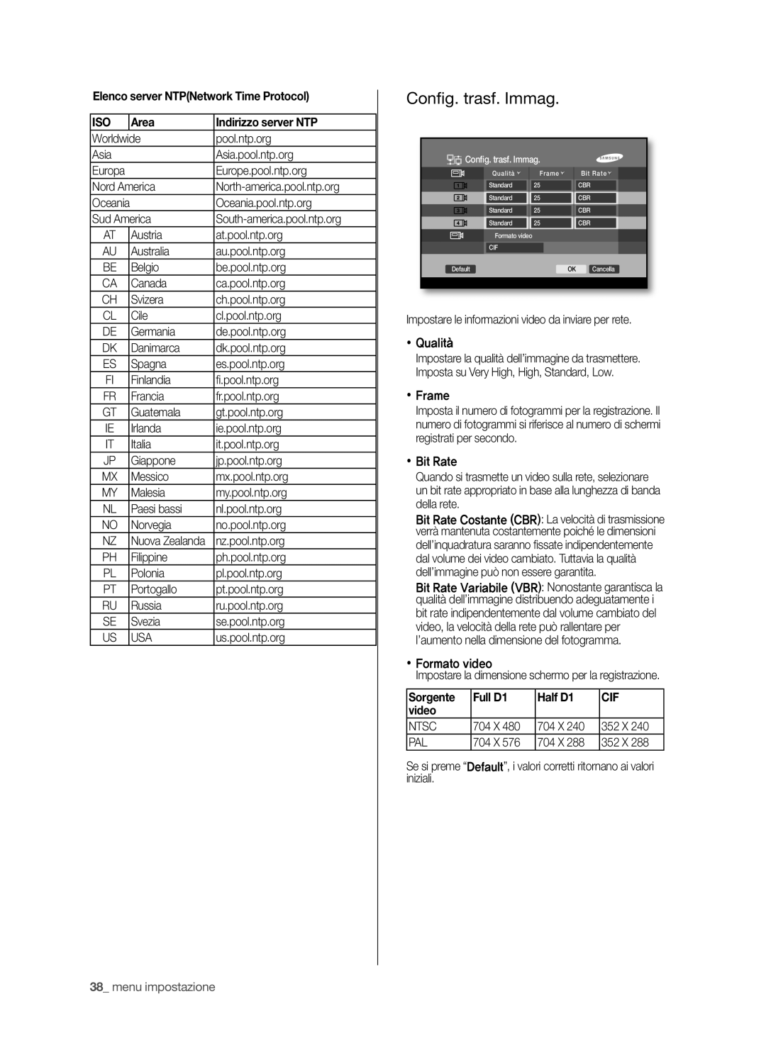 Samsung SHR-5040P/XET manual Conﬁ g. trasf. Immag, Elenco server NTPNetwork Time Protocol, Area Indirizzo server NTP, Usa 