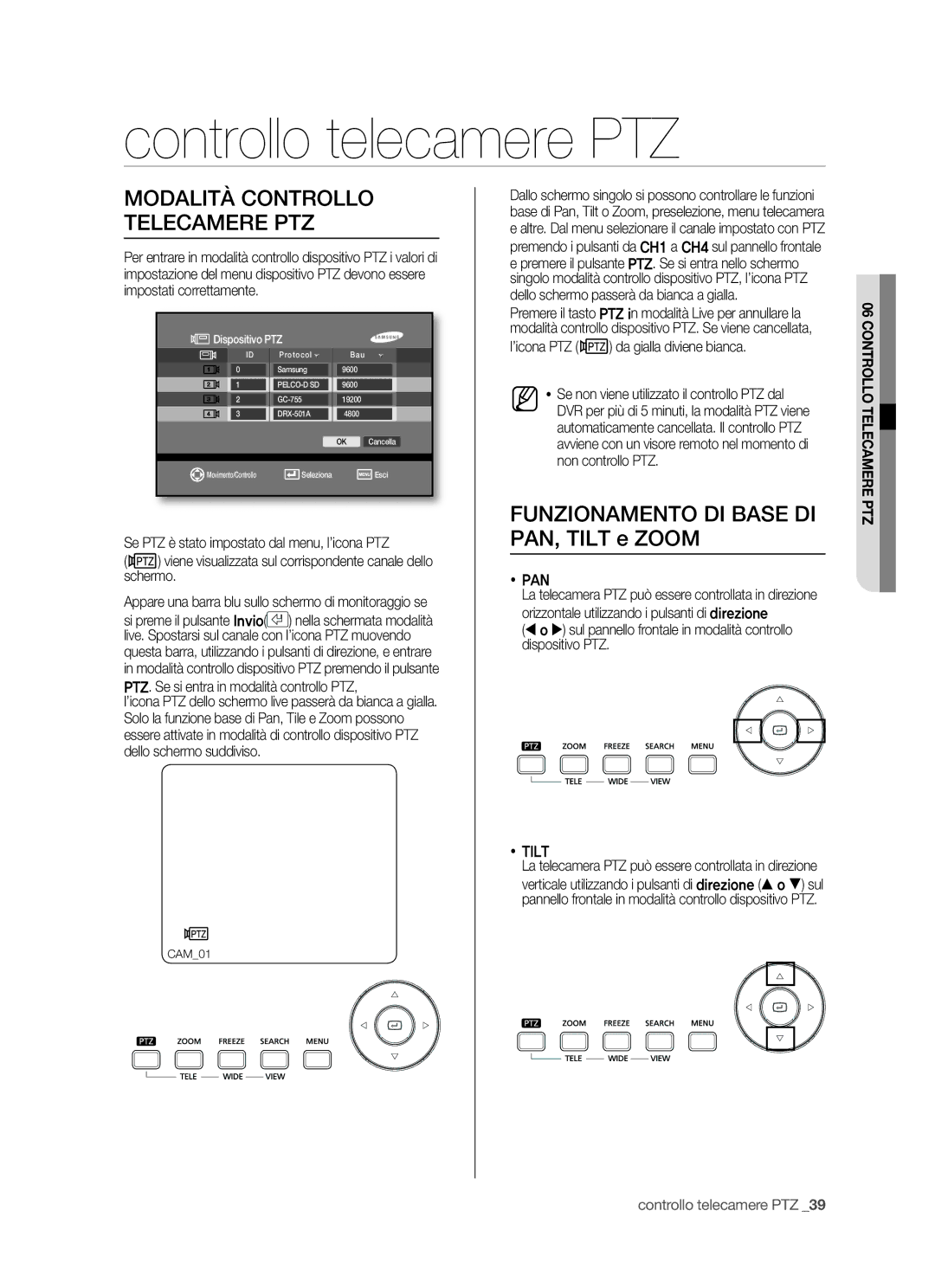 Samsung SHR-5042P/XET, SHR-5040P/XET manual Controllo telecamere PTZ, Modalità Controllo Telecamere PTZ,  Pan,  Tilt 