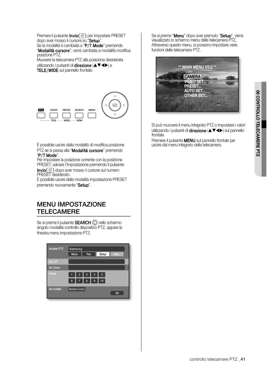 Samsung SHR-5042P/XET, SHR-5040P/XET manual Menu Impostazione Telecamere, Nestra menu impostazione PTZ 