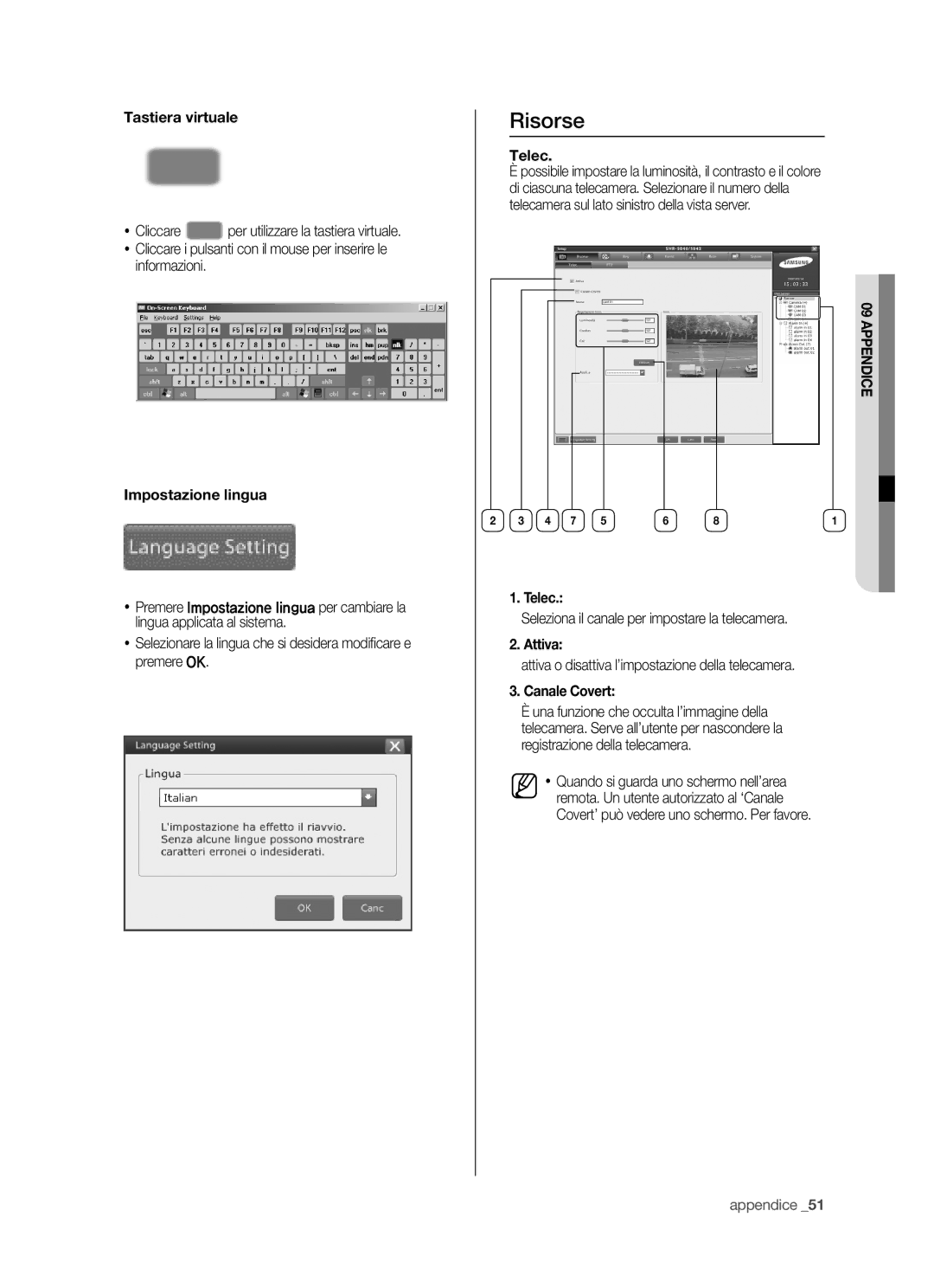 Samsung SHR-5042P/XET, SHR-5040P/XET manual Tastiera virtuale, Impostazione lingua, Telec, Attiva, Canale Covert 