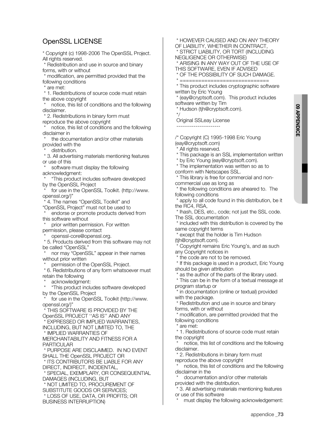 Samsung SHR-5042P/XET, SHR-5040P/XET manual OpenSSL License, Loss of USE, DATA, or Profits or Business Interruption 