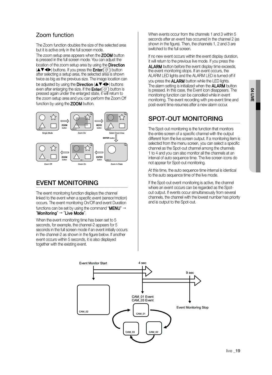 Samsung SHR-5040P/XEG, SHR-5042P Event Monitoring, SPOT-OUT Monitoring, Zoom function, Function by using the Zoom button 