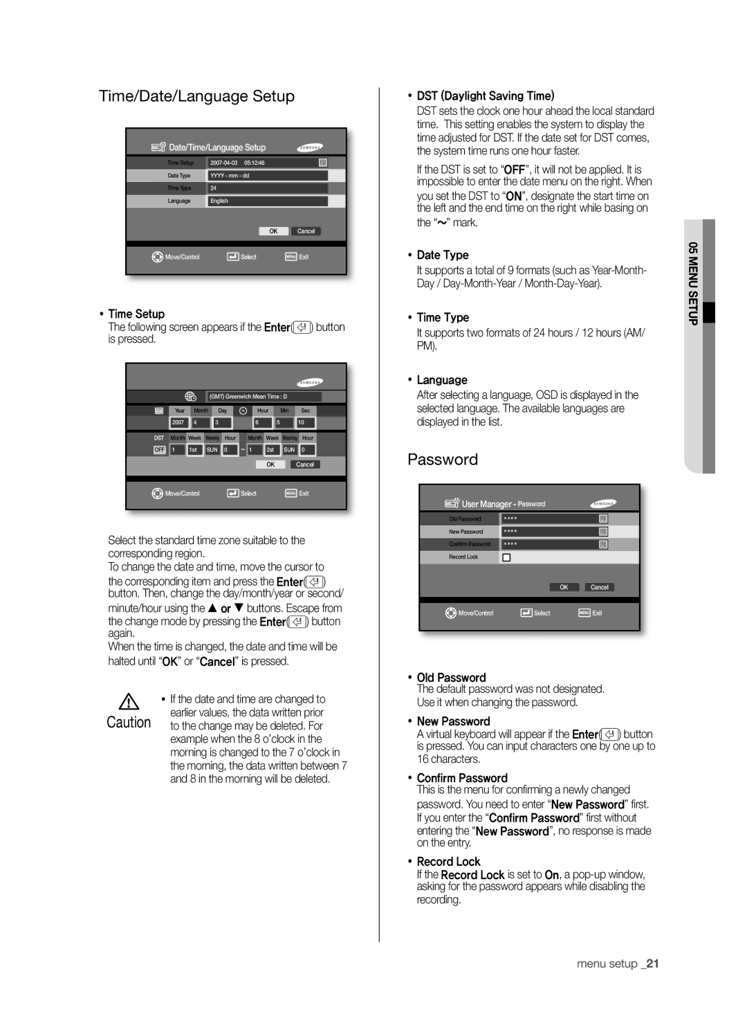 Samsung SHR-5042P/XEG, SHR-5040P/XEG Time/Date/Language Setup,  DST Daylight Saving Time,  Date Type,  Old Password 