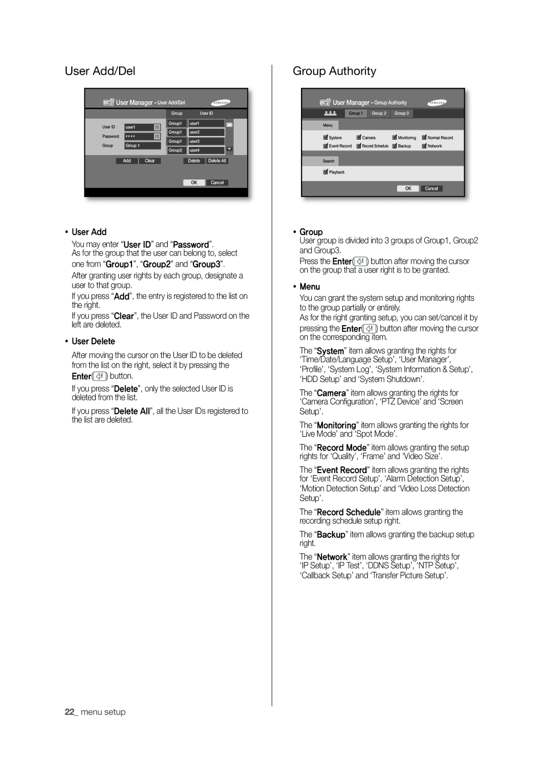 Samsung SHR-5042P/XEF, SHR-5040P User Add/Del, Group Authority,  Menu, Backup item allows granting the backup setup right 