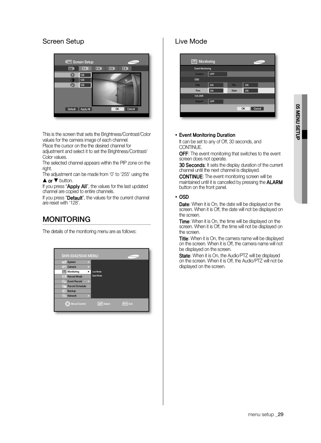 Samsung SHR-5040P/XEG, SHR-5042P/XEG, SHR-5042P/XEF, SHR-5040P/XET Monitoring, Screen Setup, Live Mode, Continue,  Osd 