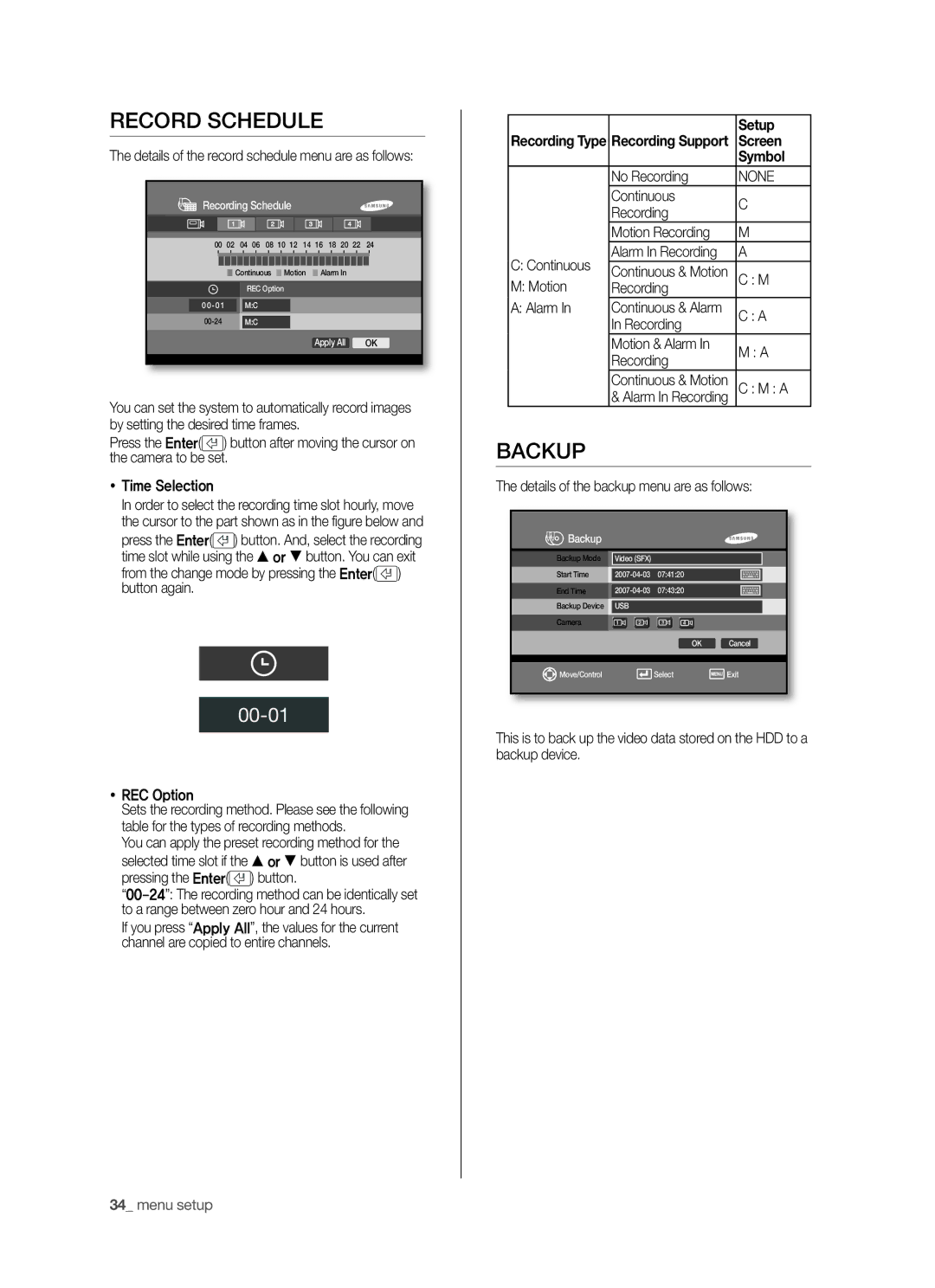 Samsung SHR-5040P/XET, SHR-5040P/XEG, SHR-5042P/XEG, SHR-5042P/XEF manual Record Schedule, Backup, Setup, Screen, Symbol 