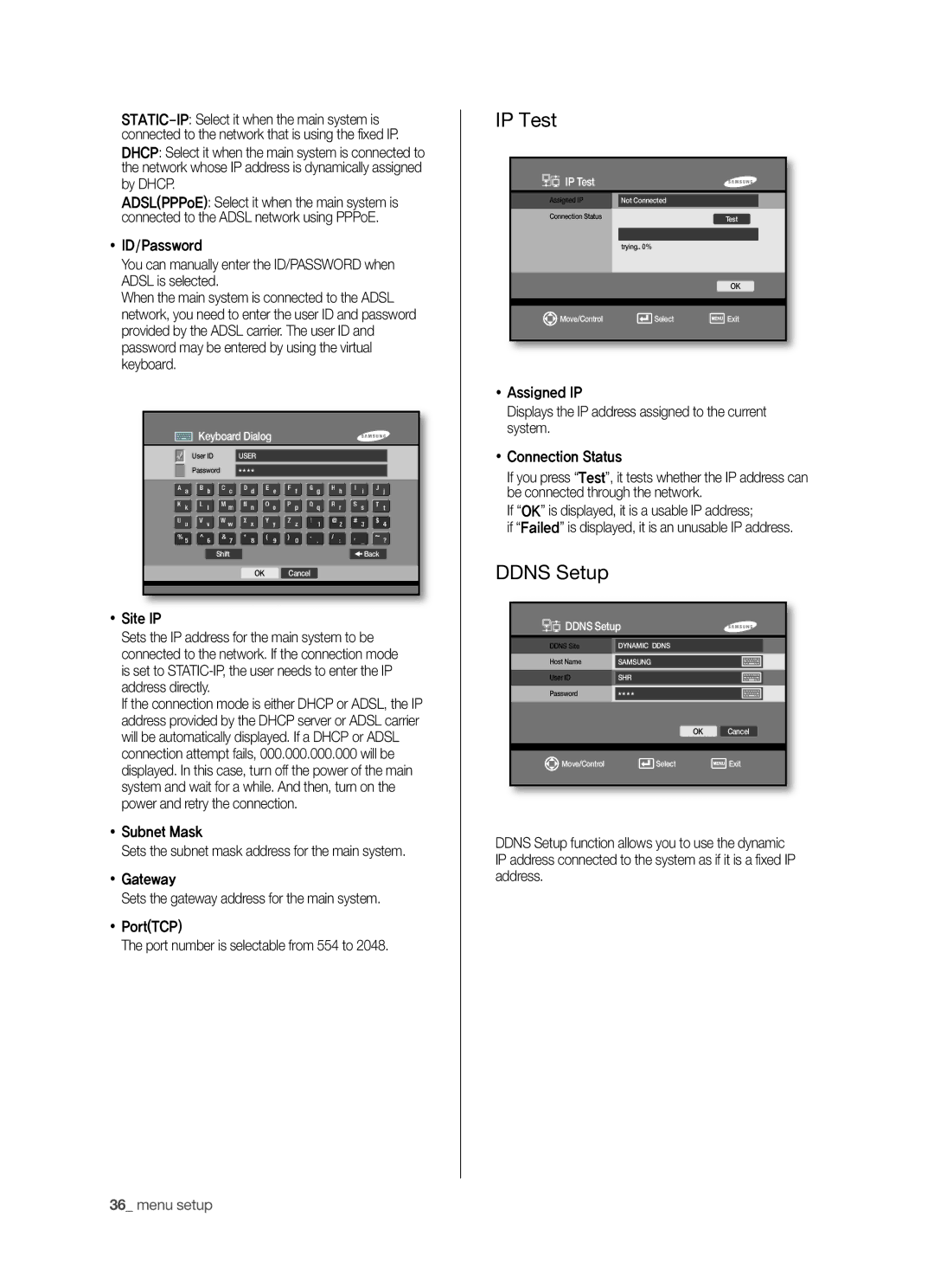 Samsung SHR-5042P/XEC, SHR-5040P/XEG, SHR-5042P/XEG, SHR-5042P/XEF, SHR-5040P/XET manual IP Test, Ddns Setup,  Site IP 