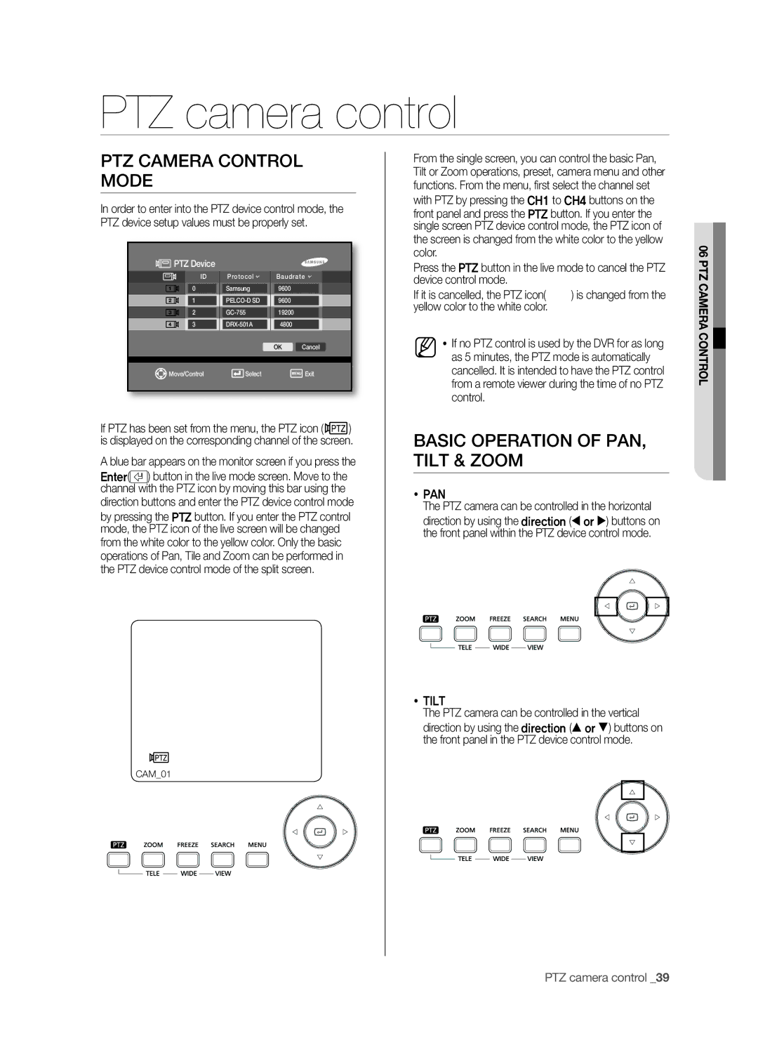 Samsung SHR-5042P/CZC PTZ camera control, PTZ Camera Control Mode, Basic Operation of PAN, Tilt & Zoom,  Pan,  Tilt 