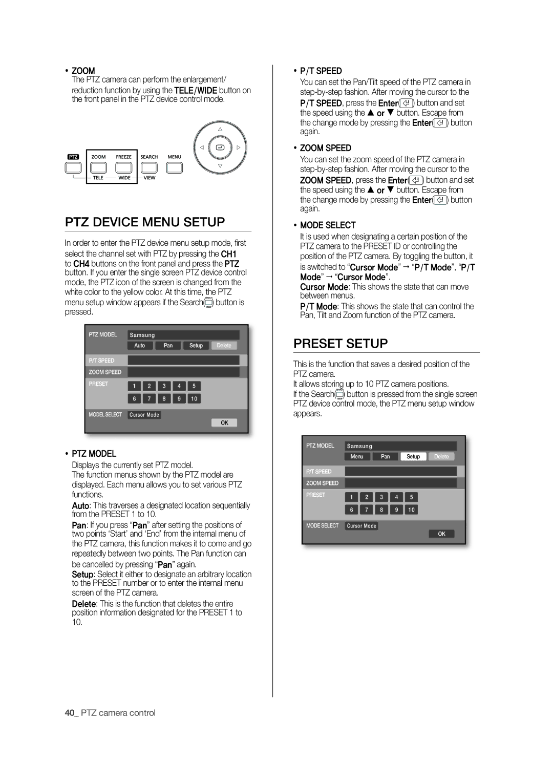 Samsung SHR-5040P/XEG, SHR-5042P/XEG, SHR-5042P/XEF, SHR-5040P/XET, SHR-5042P/XET manual PTZ Device Menu Setup, Preset Setup 