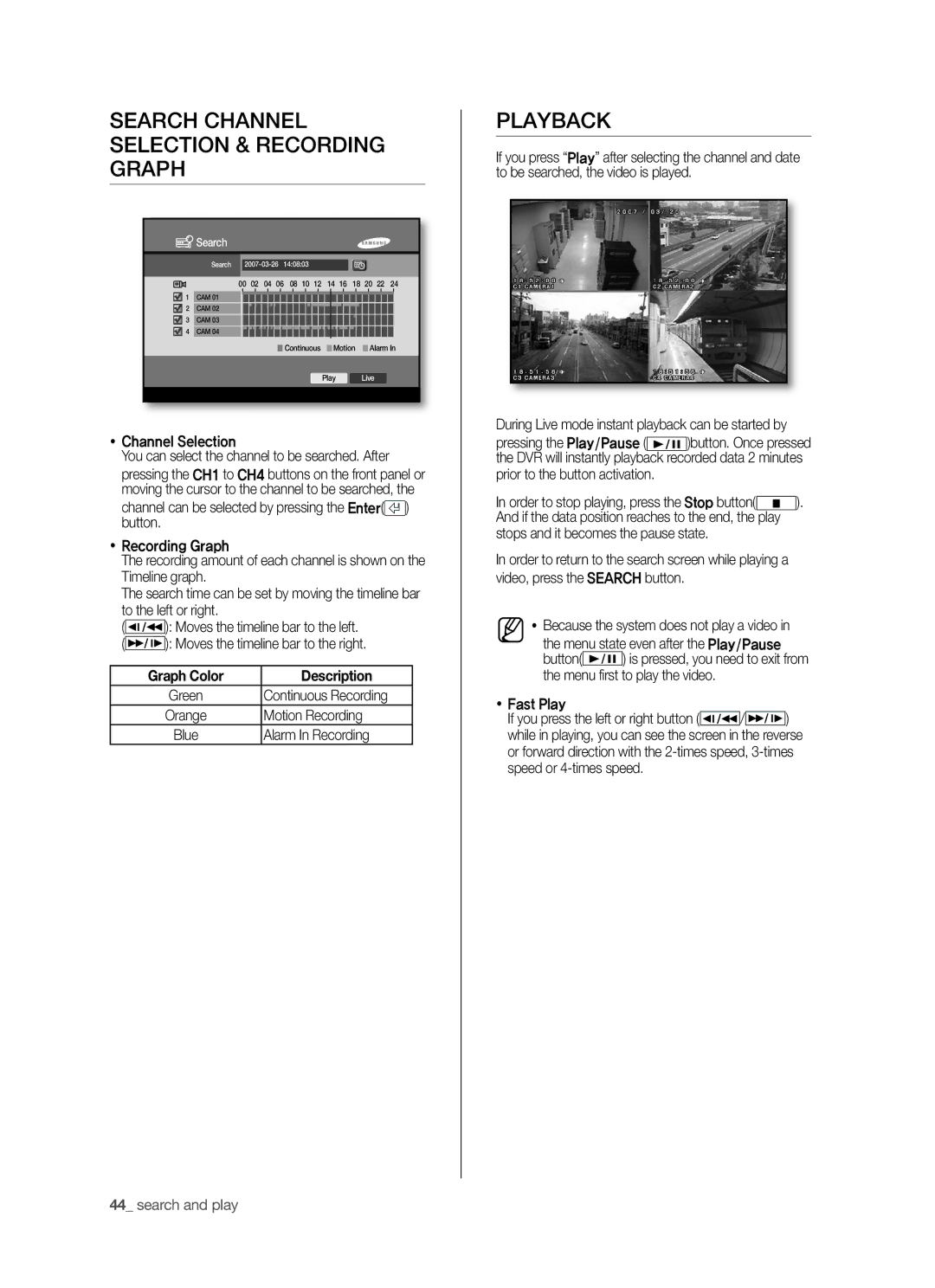 Samsung SHR-5042P/XEF Search Channel Selection & Recording Graph, Playback, Graph Color Description, Alarm In Recording 