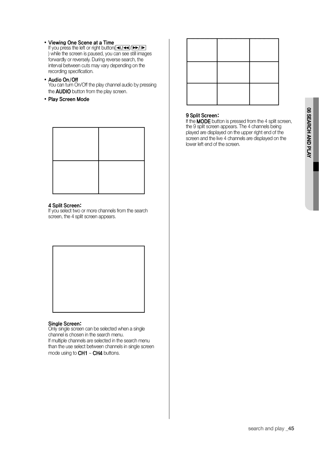 Samsung SHR-5040P/XET, SHR-5042P, SHR-5040P/XEG manual  Audio On/Off,  Play Screen Mode Split Screen, Single Screen 