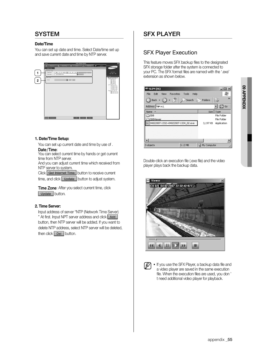 Samsung SHR-5042P/XEF, SHR-5040P/XEG, SHR-5042P/XEG manual SFX Player Execution, Date/Time Setup, Time Server 