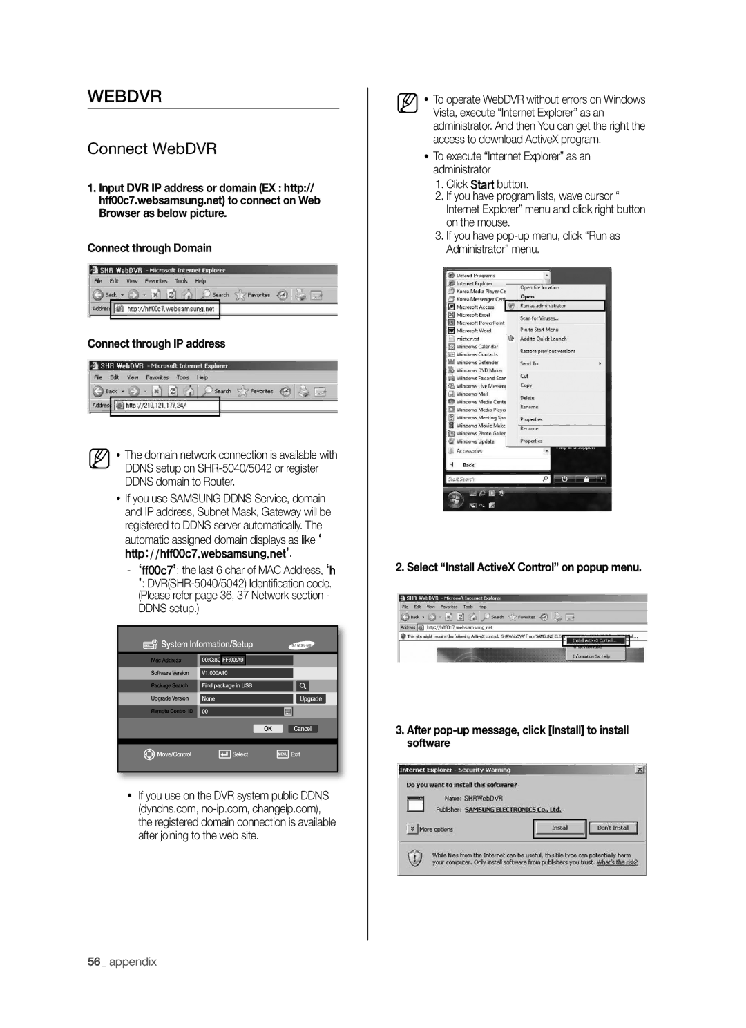 Samsung SHR-5040P/XET, SHR-5042P, SHR-5040P/XEG Webdvr, Connect WebDVR, Connect through Domain Connect through IP address 