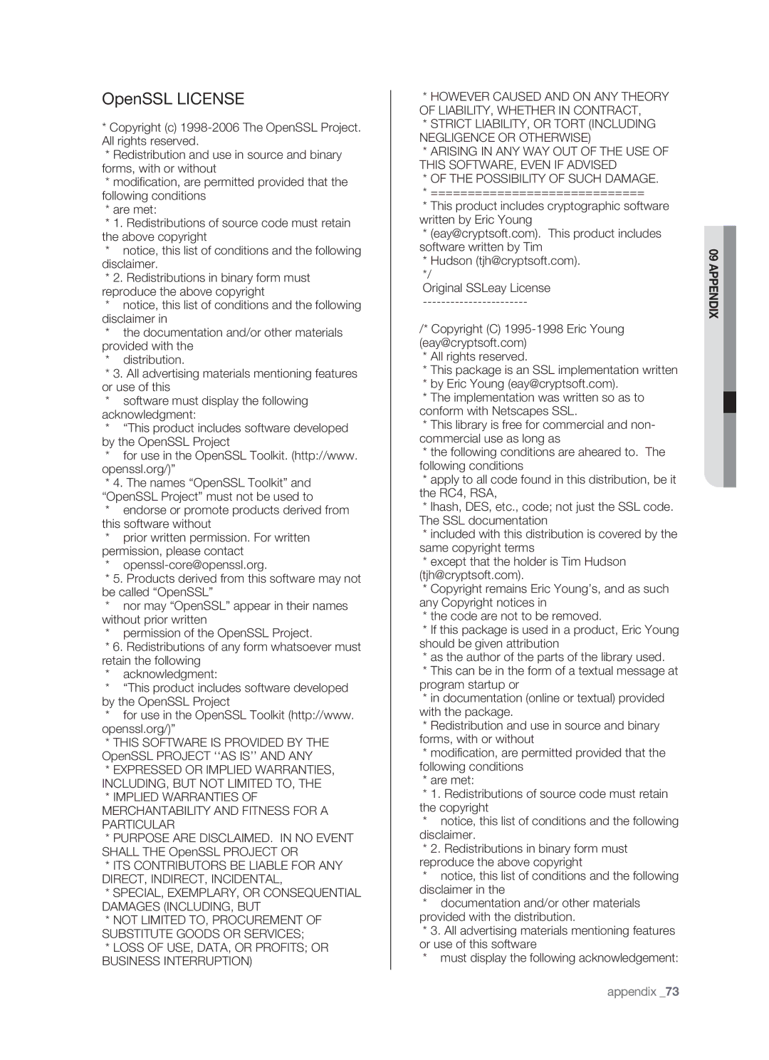 Samsung SHR-5040P/XEG, SHR-5042P/XEG manual OpenSSL License, Loss of USE, DATA, or Profits or Business Interruption 