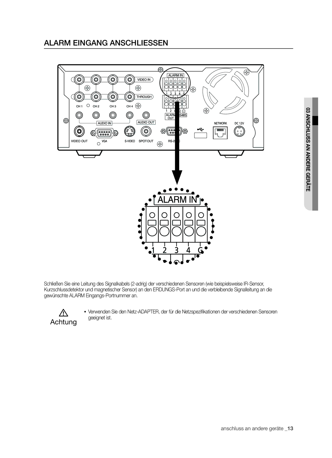 Samsung SHR-5040P/XEG, SHR-5042P/XEG manual Alarm Eingang Anschliessen, Geeignet ist 