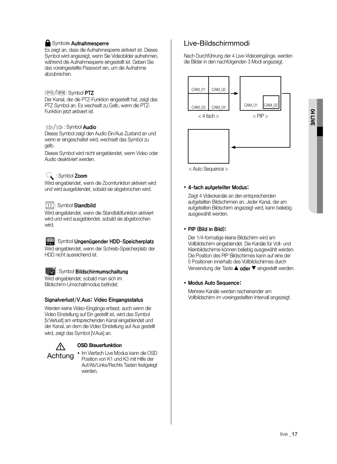 Samsung SHR-5040P/XEG, SHR-5042P/XEG manual Live-Bildschirmmodi, OSD Steuerfunktion 