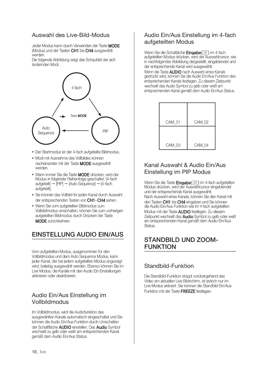 Samsung SHR-5040P/XEG, SHR-5042P/XEG manual Einstellung Audio EIN/AUS, Standbild UND ZOOM- Funktion 