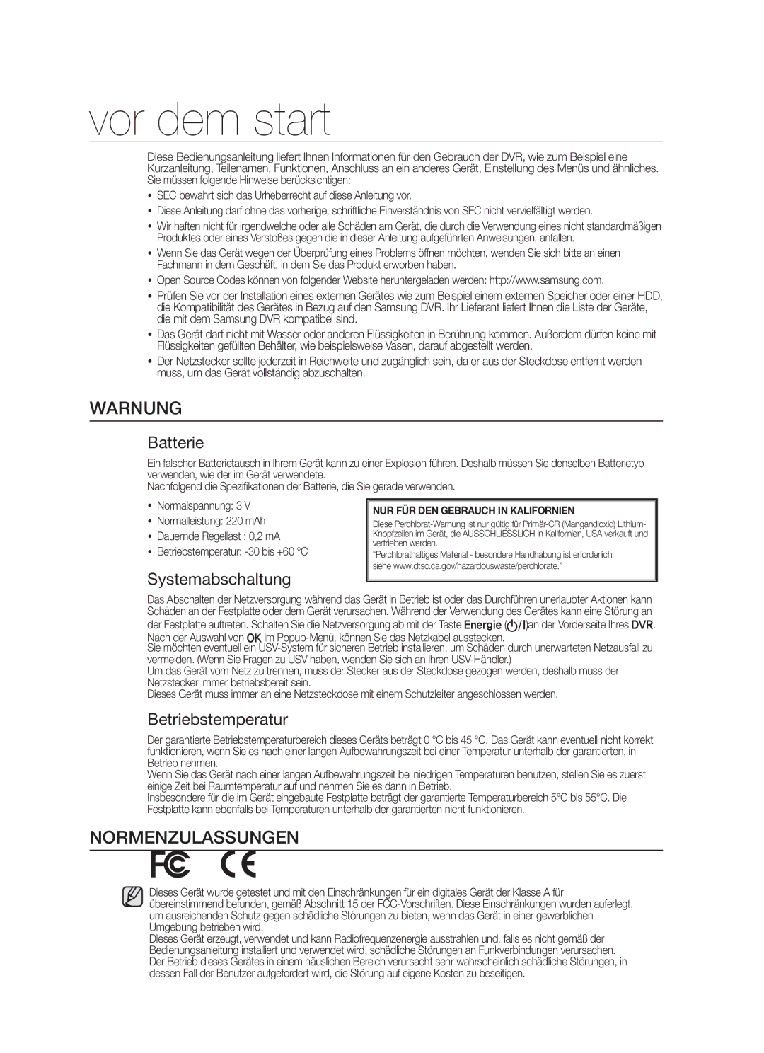 Samsung SHR-5040P/XEG, SHR-5042P/XEG manual Vor dem start, Warnung, Normenzulassungen 