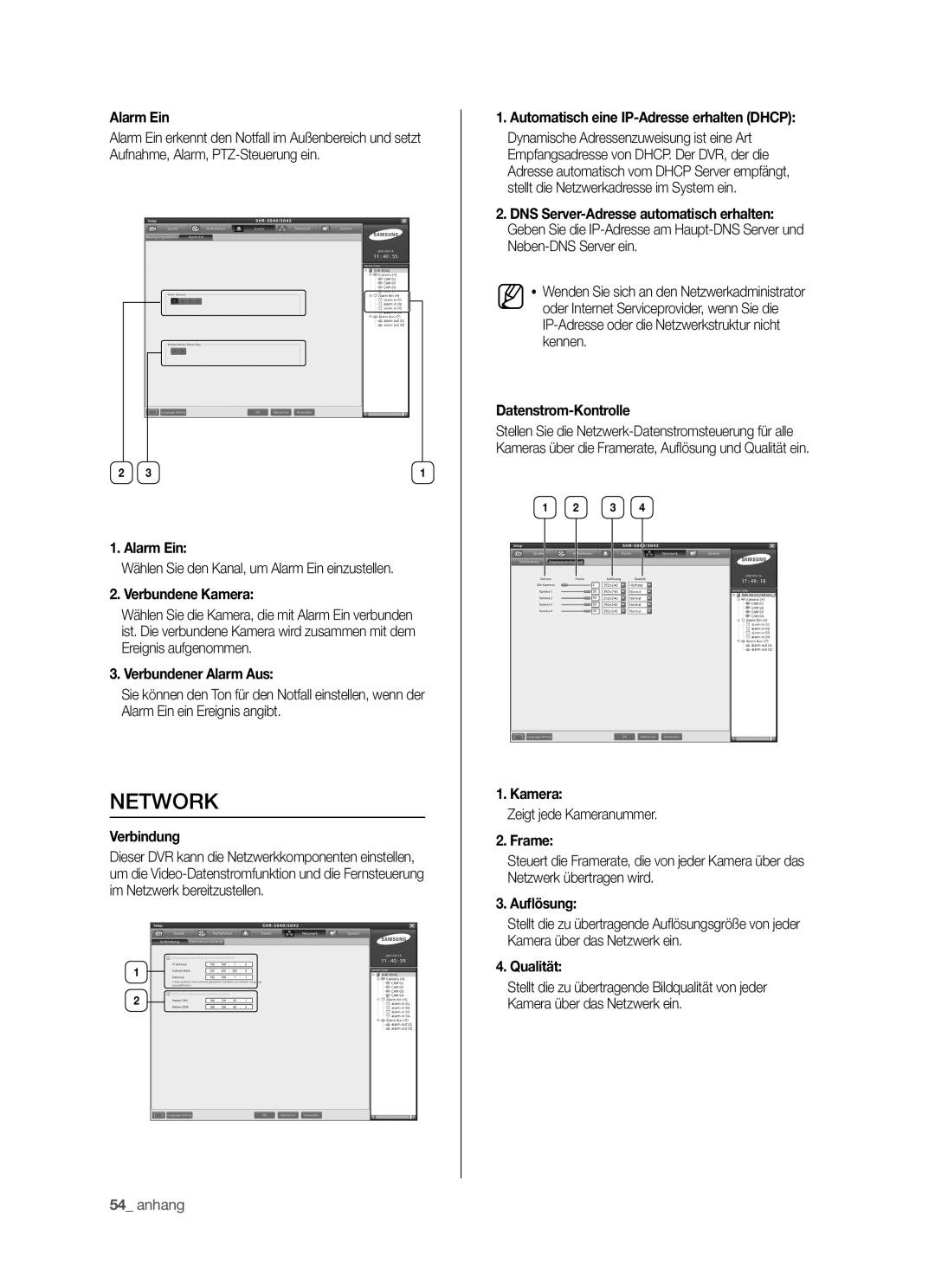 Samsung SHR-5040P, SHR-5042P manual Alarm Ein, Verbindung, Automatisch eine IP-Adresse erhalten Dhcp, Datenstrom-Kontrolle 