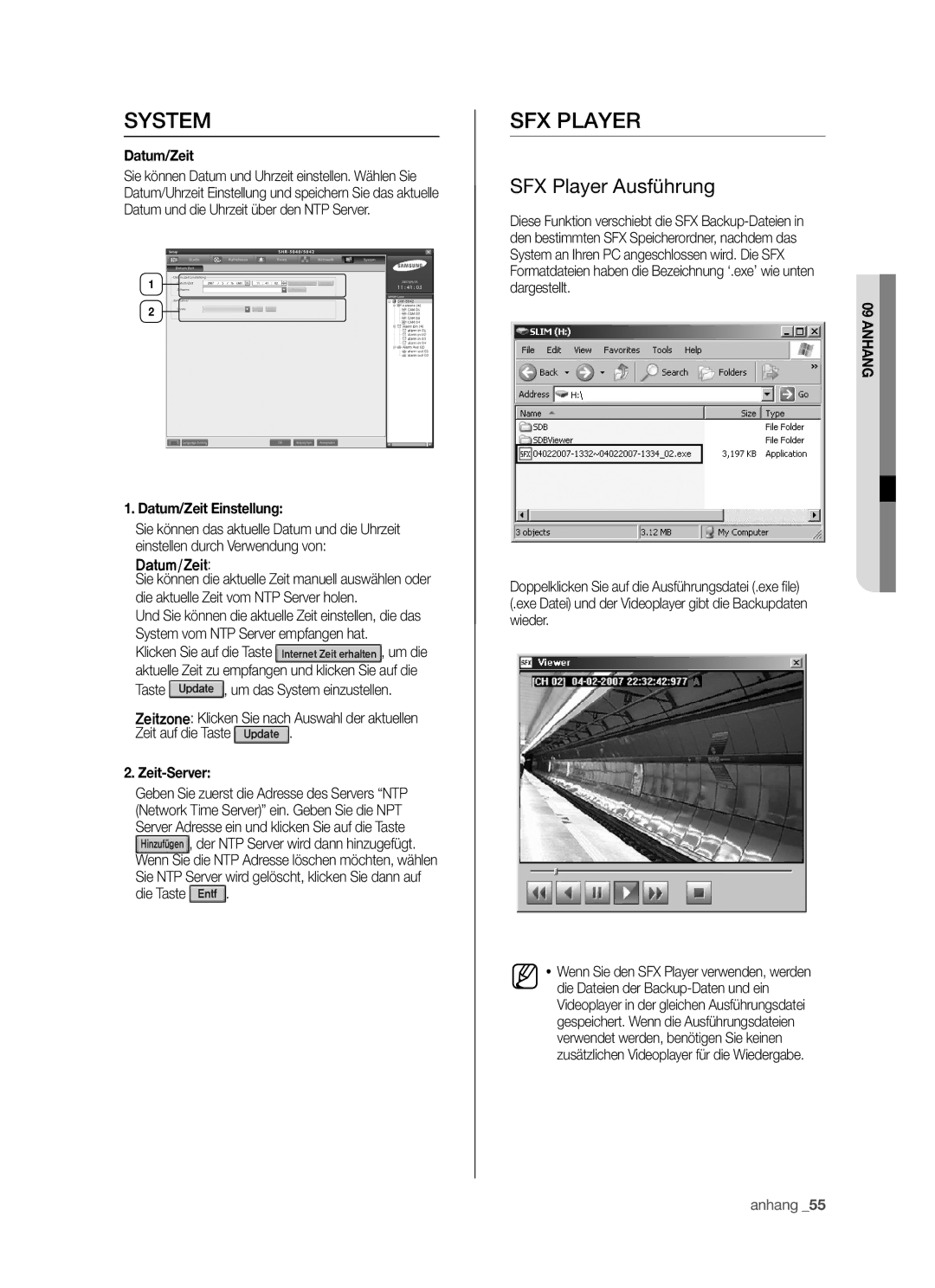 Samsung SHR-5042P/XEG, SHR-5040P/XEG manual SFX Player Ausführung, Datum/Zeit Einstellung, Zeit-Server 