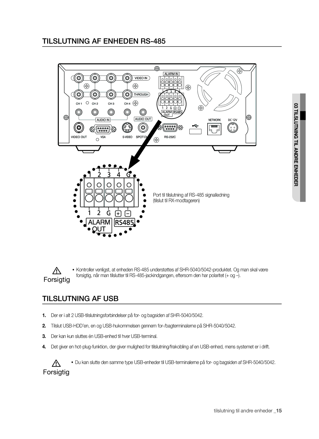 Samsung SHR-5042P manual Tilslutning AF Enheden RS-485, Tilslutning AF USB 