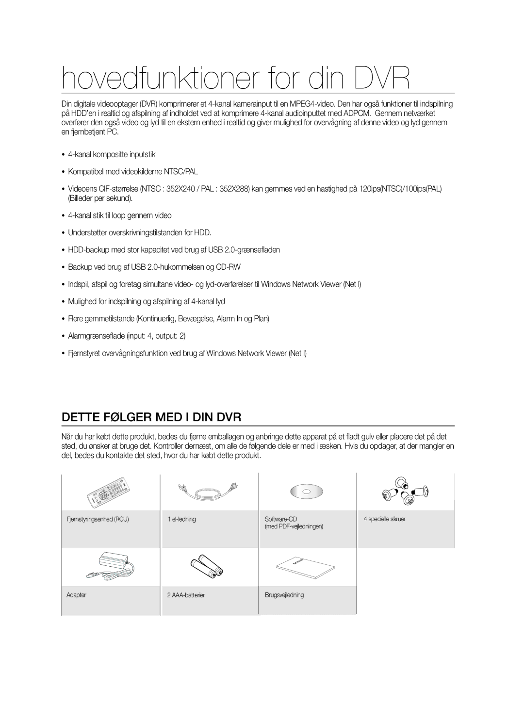 Samsung SHR-5042P manual Hovedfunktioner for din DVR, Dette Følger MED I DIN DVR 