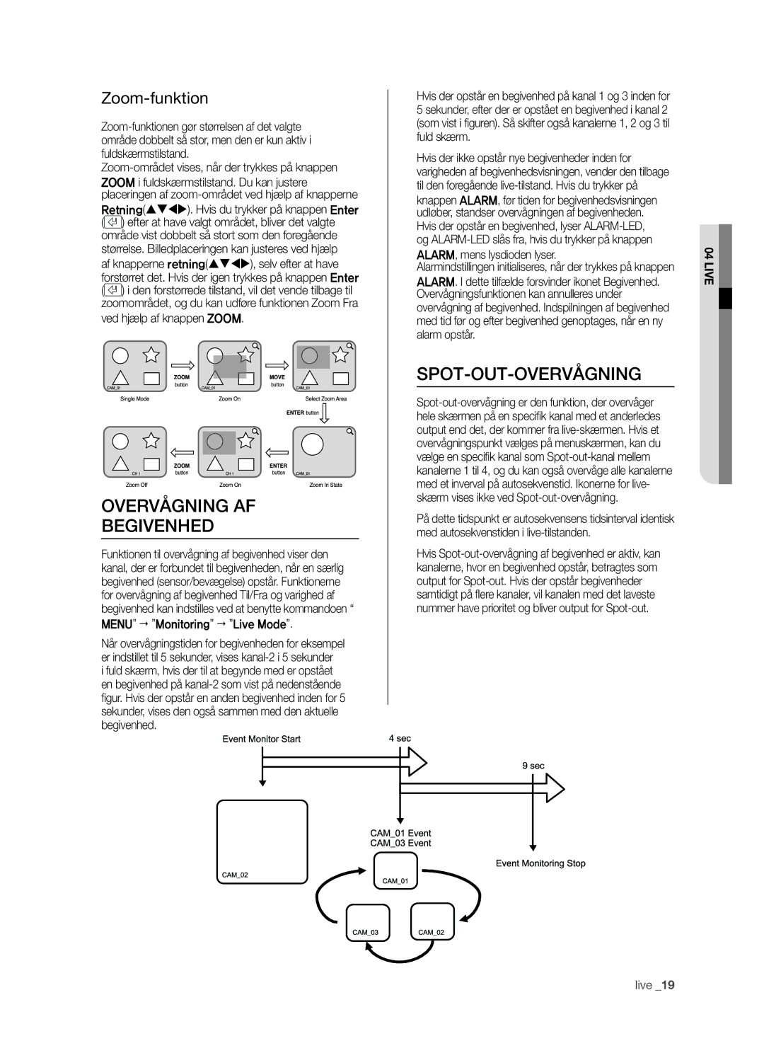 Samsung SHR-5042P manual Overvågning AF Begivenhed, Spot-Out-Overvågning, Zoom-funktion, ALARM, mens lysdioden lyser 