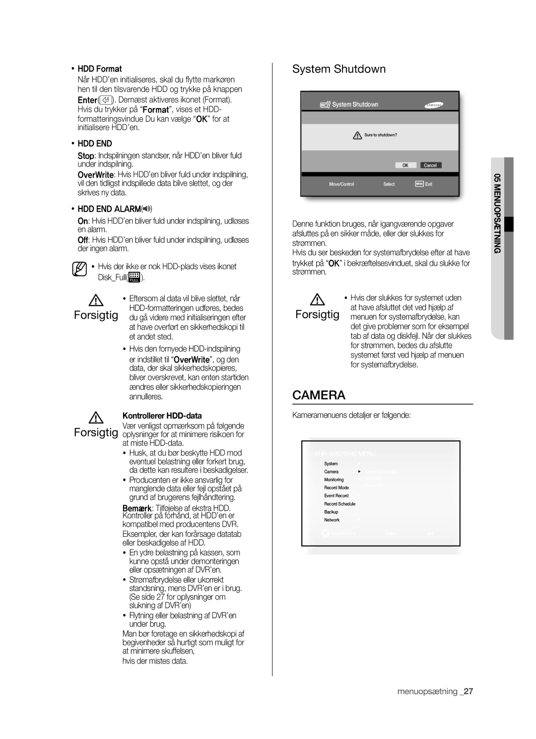 Samsung SHR-5042P manual Camera, System Shutdown,  Hdd End,  HDD END Alarm, Kontrollerer HDD-data 