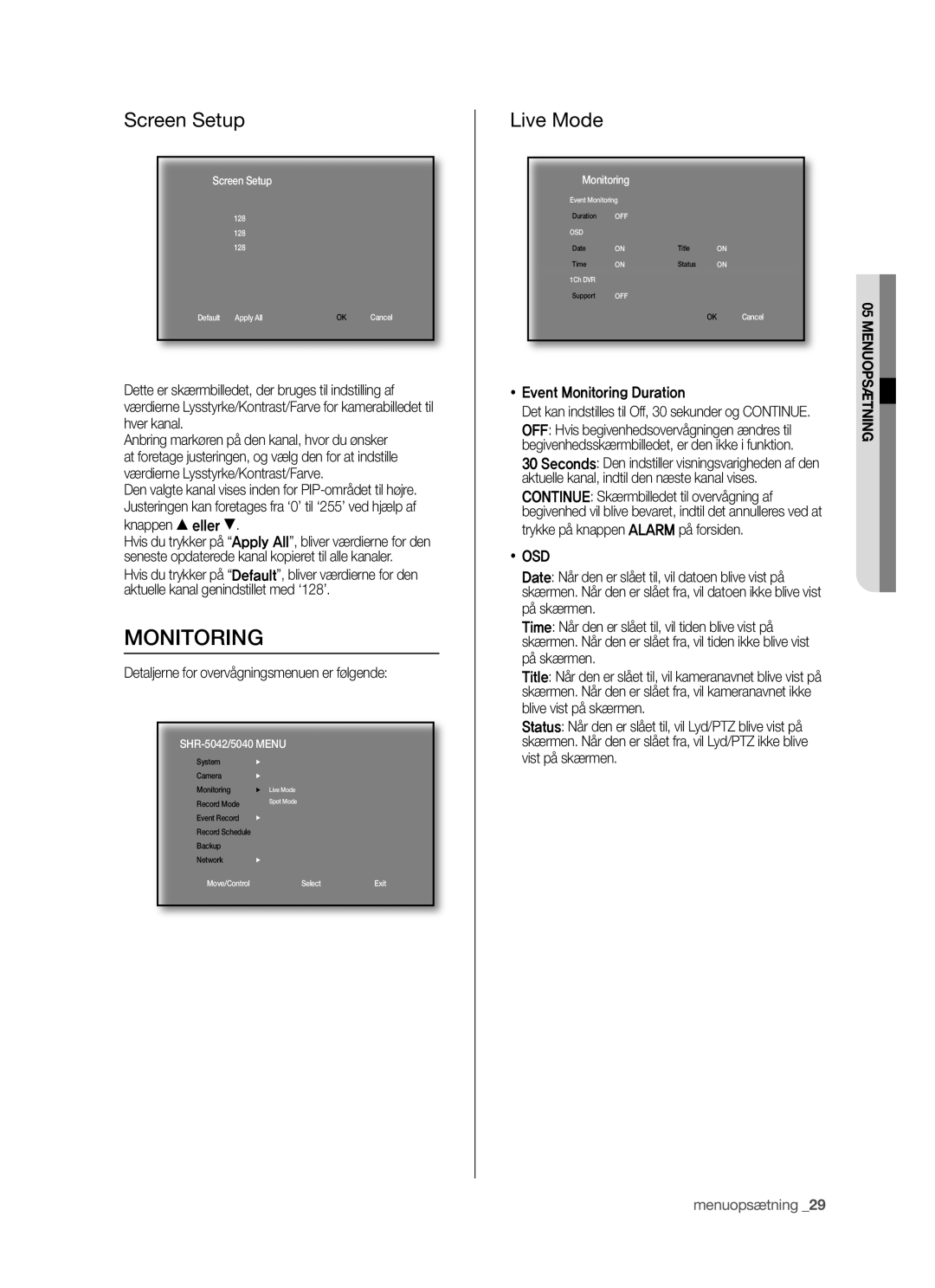 Samsung SHR-5042P manual Monitoring, Screen Setup, Live Mode,  Osd 