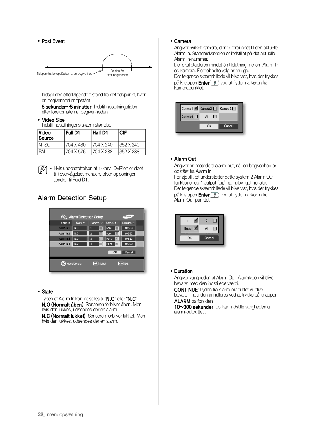 Samsung SHR-5042P manual Alarm Detection Setup,  Post Event,  Video Size Indstil indspilningens skærmstørrelse,  State 