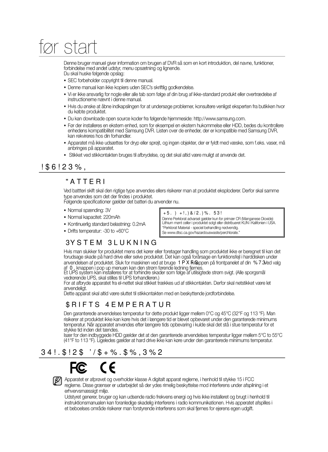 Samsung SHR-5042P manual Før start, Standard Godkendelser, Batteri, System Slukning, Drifts Temperatur 