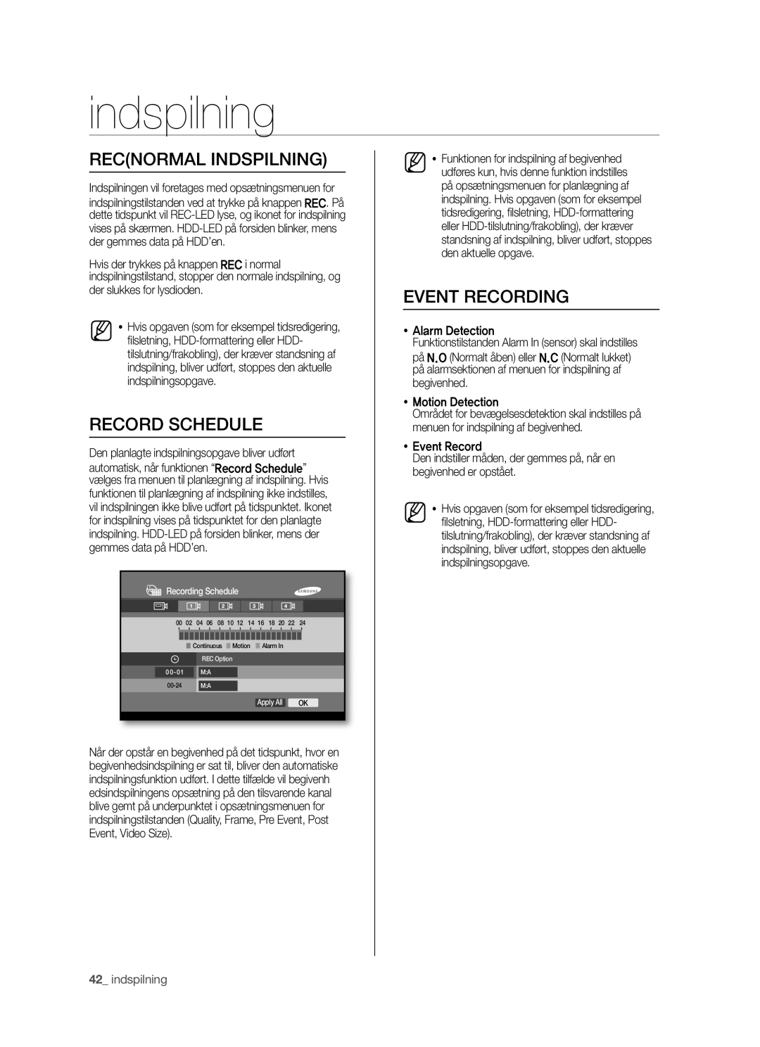 Samsung SHR-5042P manual Recnormal Indspilning, Event Recording 