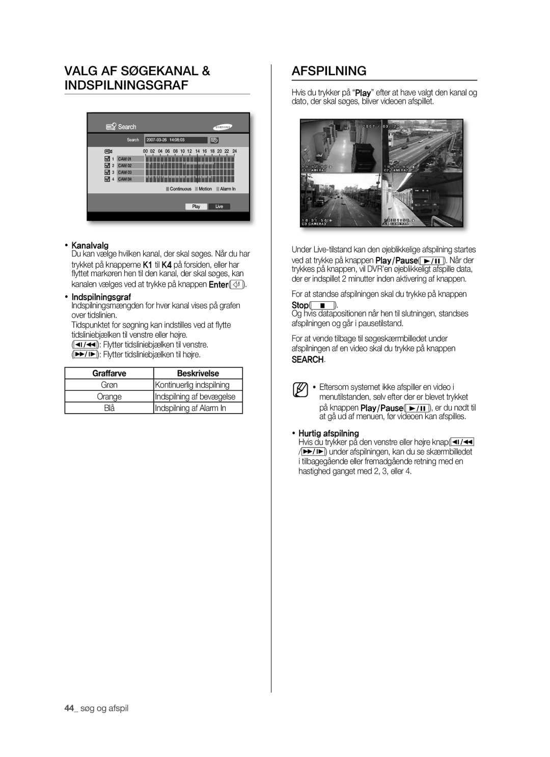 Samsung SHR-5042P manual Valg AF Søgekanal & Indspilningsgraf, Afspilning, Graffarve Beskrivelse, Search 