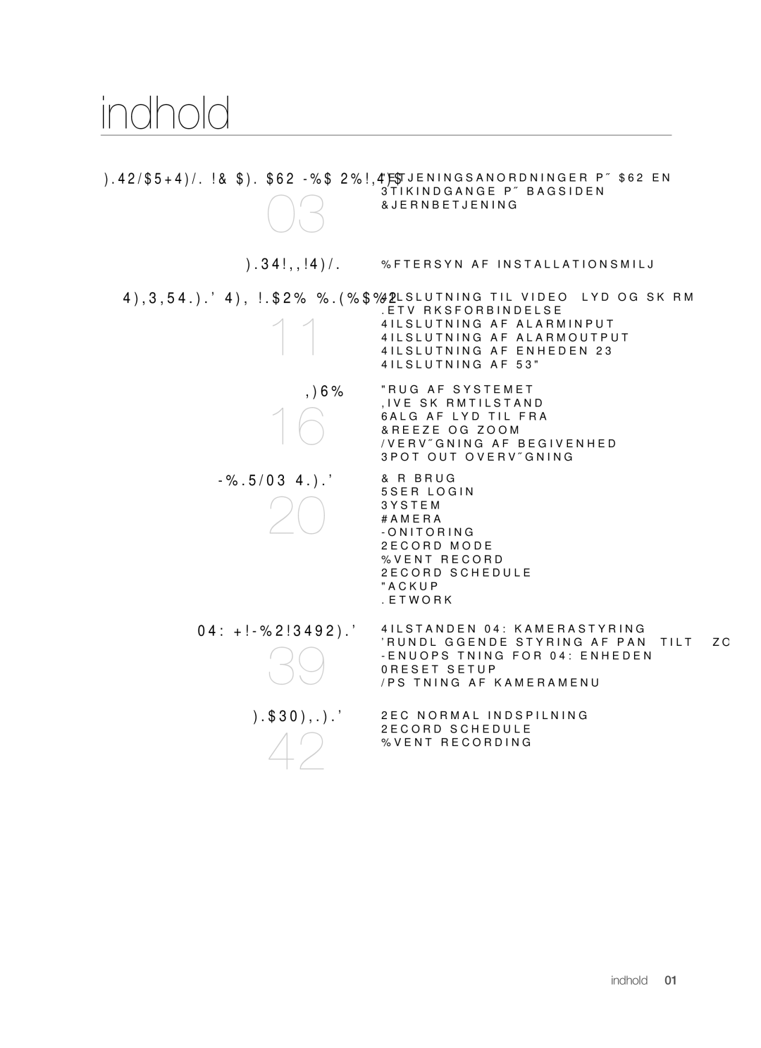 Samsung SHR-5042P manual Indhold, Live Menuopsætning PTZ-KAMERASTYRING Indspilning 