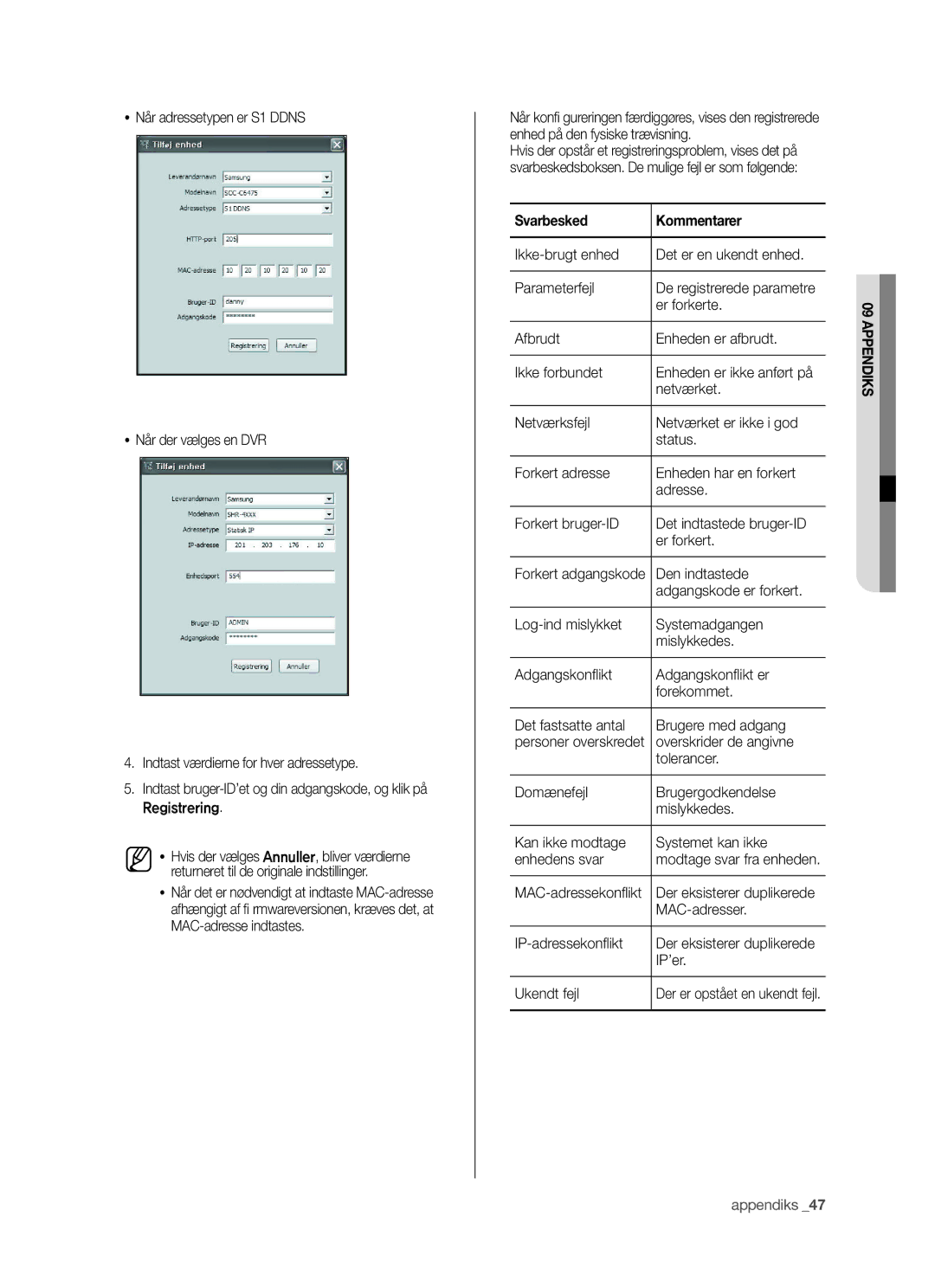 Samsung SHR-5042P manual Svarbesked Kommentarer 