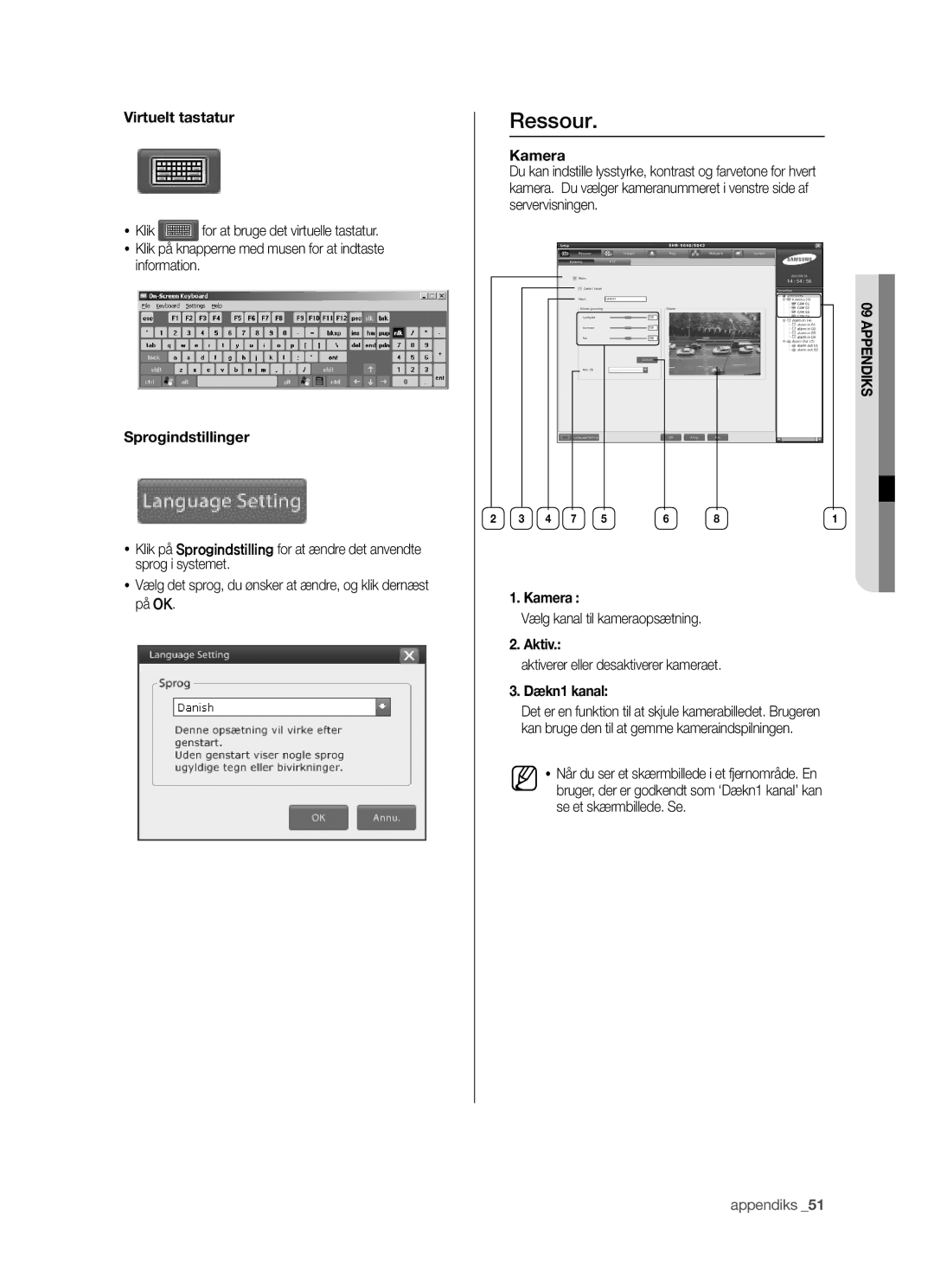 Samsung SHR-5042P manual Virtuelt tastatur, Sprogindstillinger, Kamera, Aktiv, Dækn1 kanal 