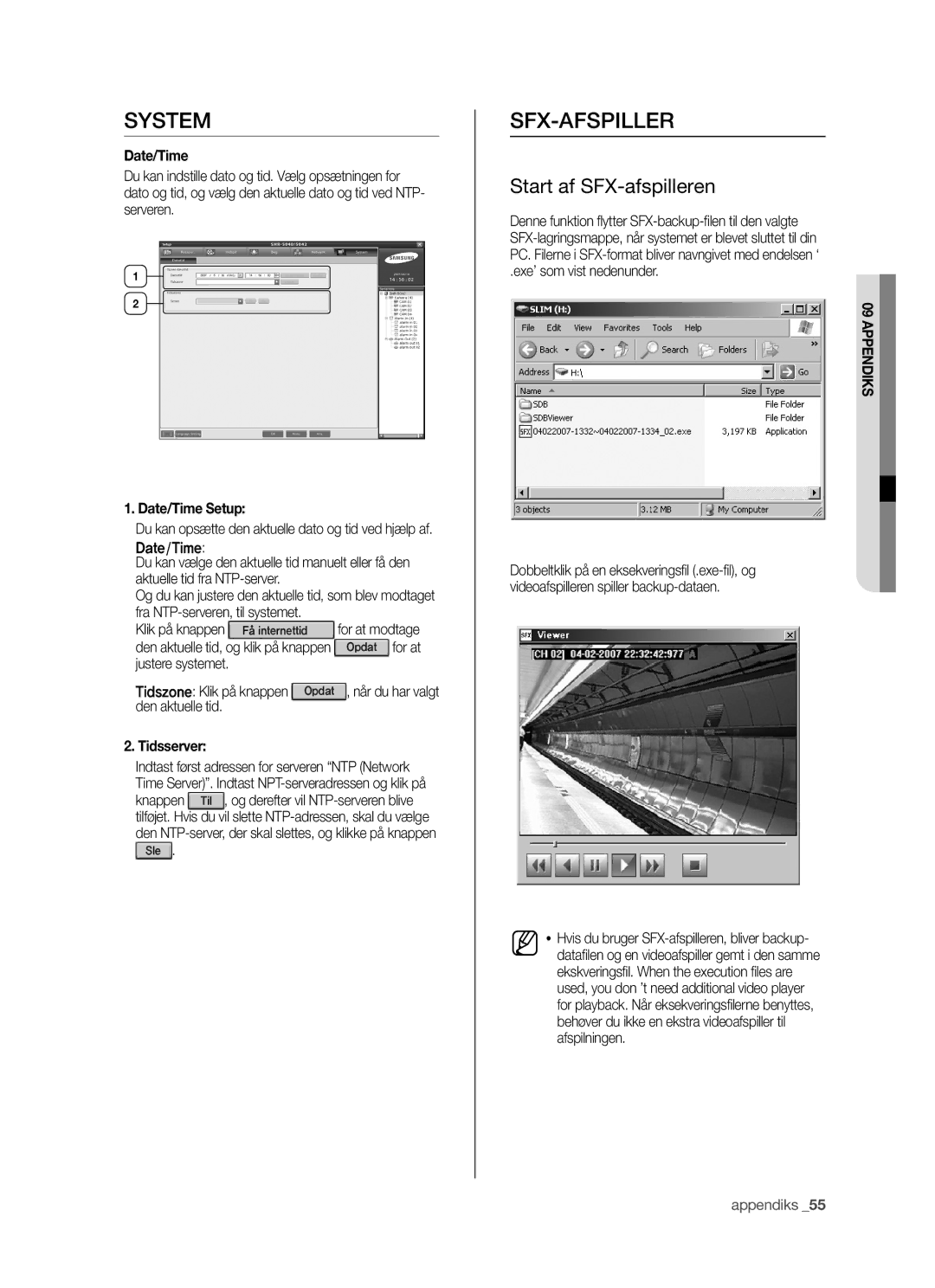 Samsung SHR-5042P manual Sfx-Afspiller, Start af SFX-afspilleren, Date/Time Setup, Tidsserver 