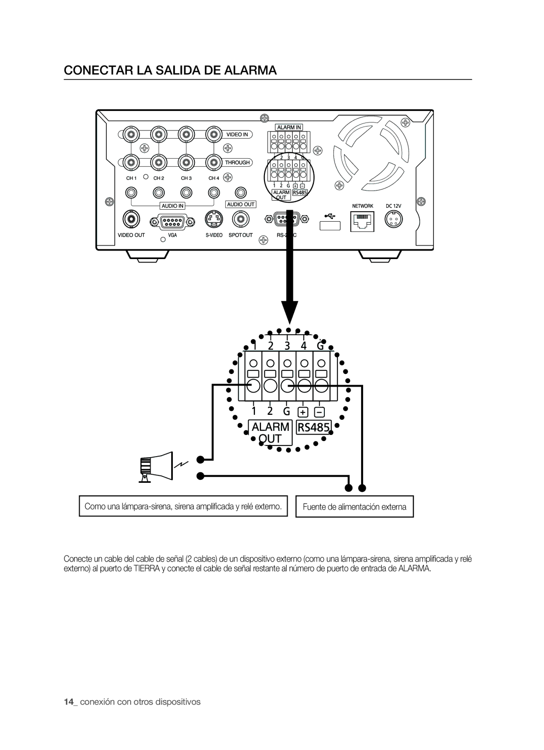 Samsung SHR-5042P/XEC, SHR-5040P/XEC manual Conectar LA Salida DE Alarma, Fuente de alimentación externa 