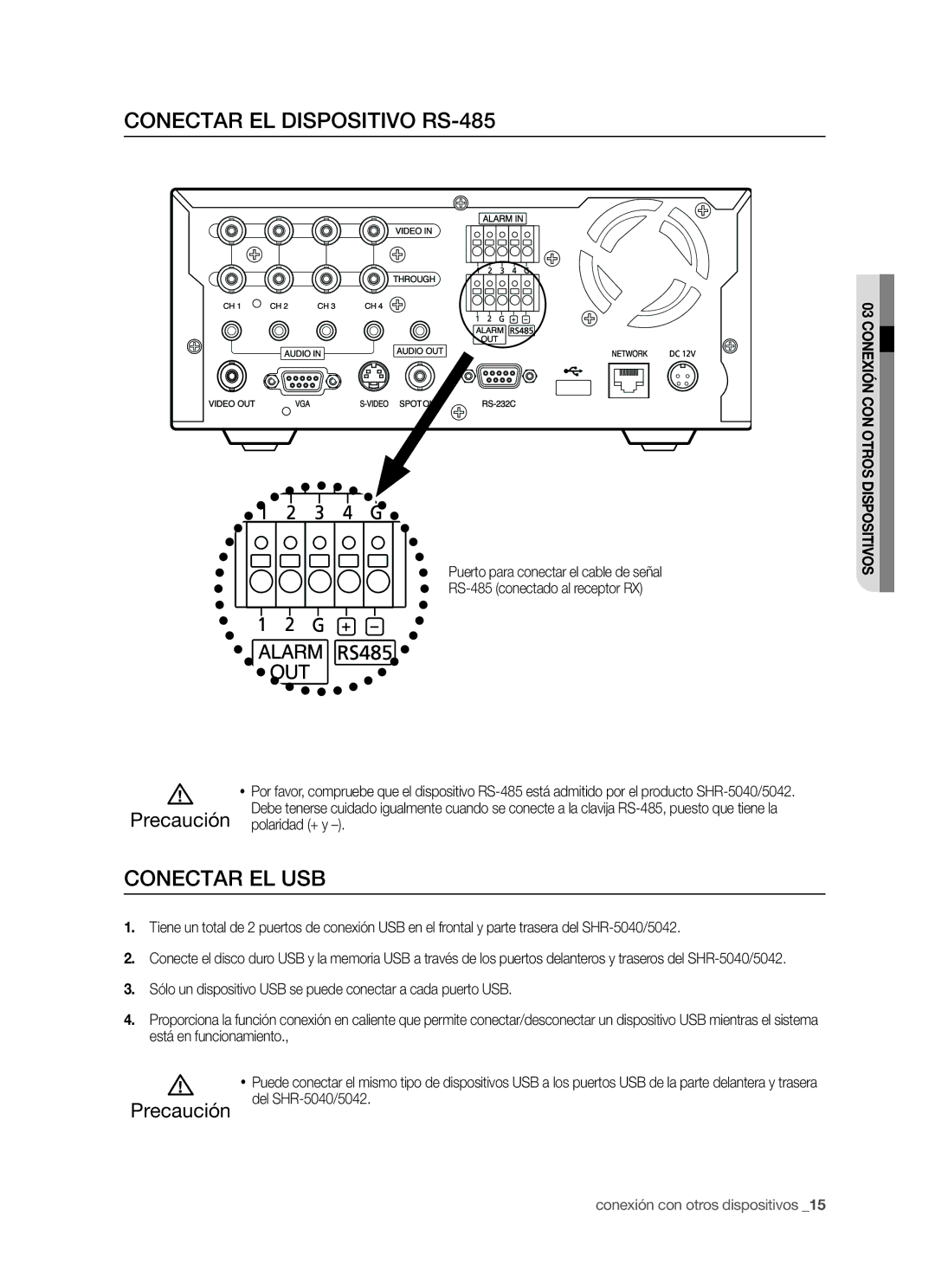 Samsung SHR-5040P/XEC manual Conectar EL Dispositivo RS-485, Conectar EL USB, Polaridad + y, Precaución del SHR-5040/5042 