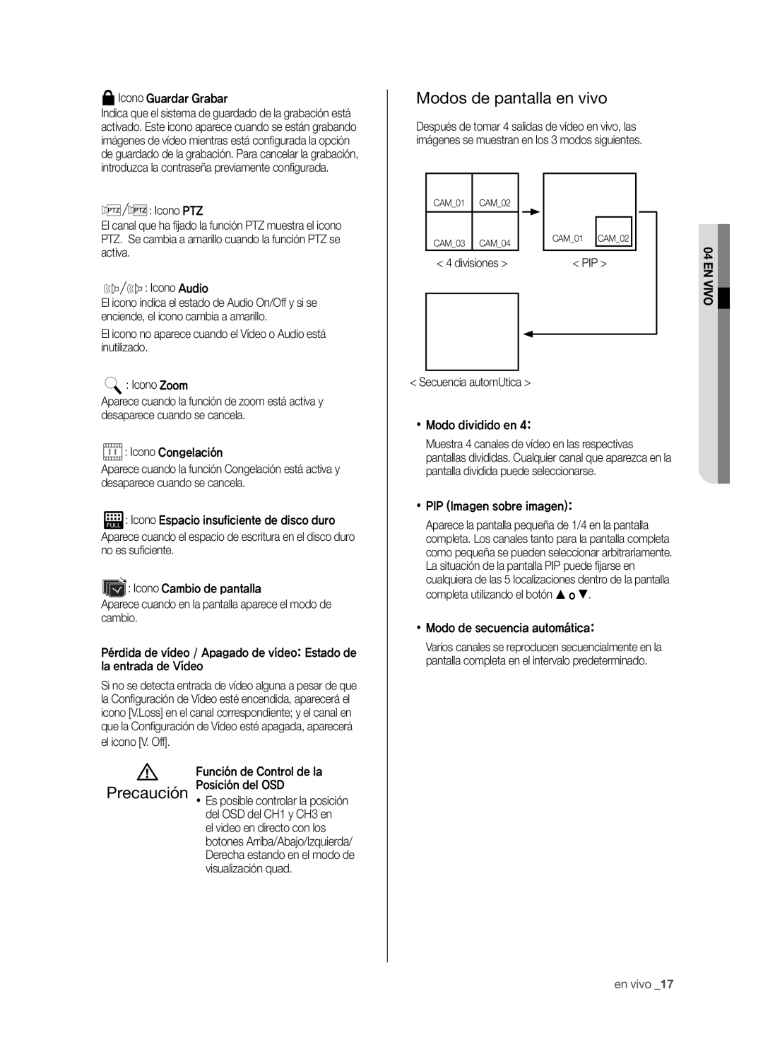 Samsung SHR-5040P/XEC, SHR-5042P/XEC manual Modos de pantalla en vivo 