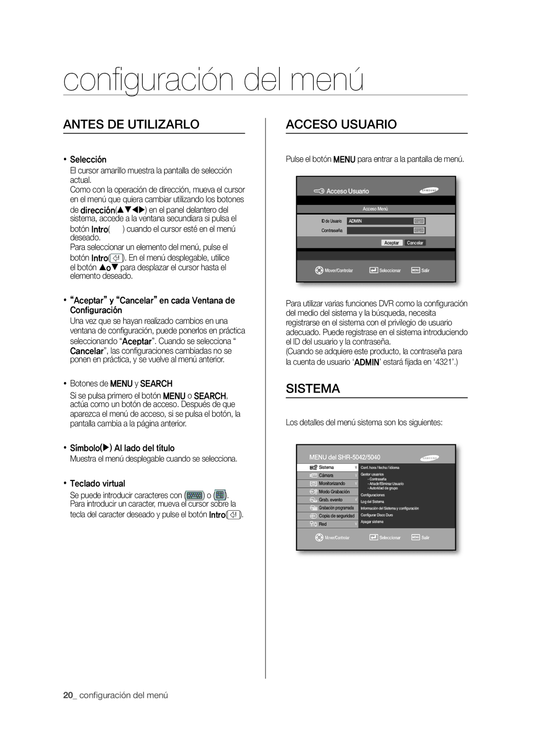 Samsung SHR-5042P/XEC Configuración del menú, Antes DE Utilizarlo, Acceso Usuario, Sistema, 20 conﬁ guración del menú 