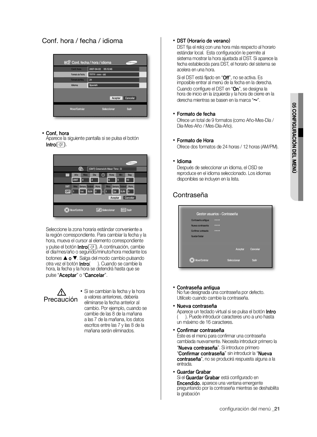 Samsung SHR-5040P/XEC, SHR-5042P/XEC manual Conf. hora / fecha / idioma, Contraseña, Conﬁ guración del menú 