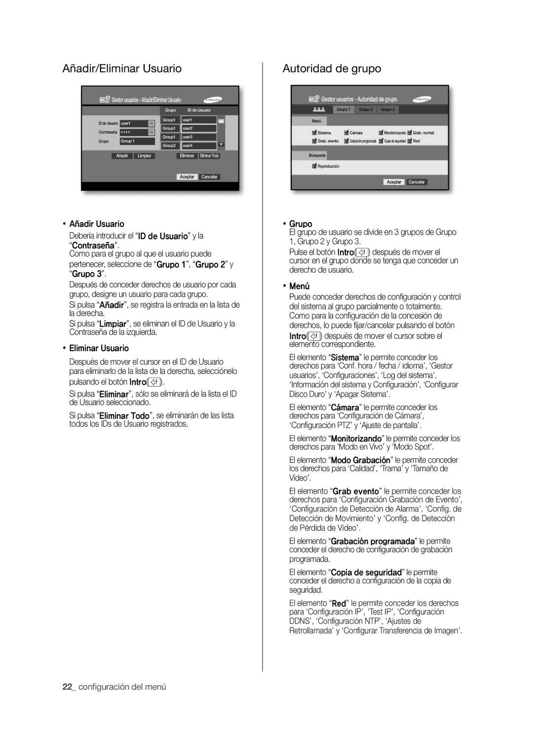 Samsung SHR-5042P/XEC, SHR-5040P/XEC manual Añadir/Eliminar Usuario, Autoridad de grupo, 22 conﬁ guración del menú 